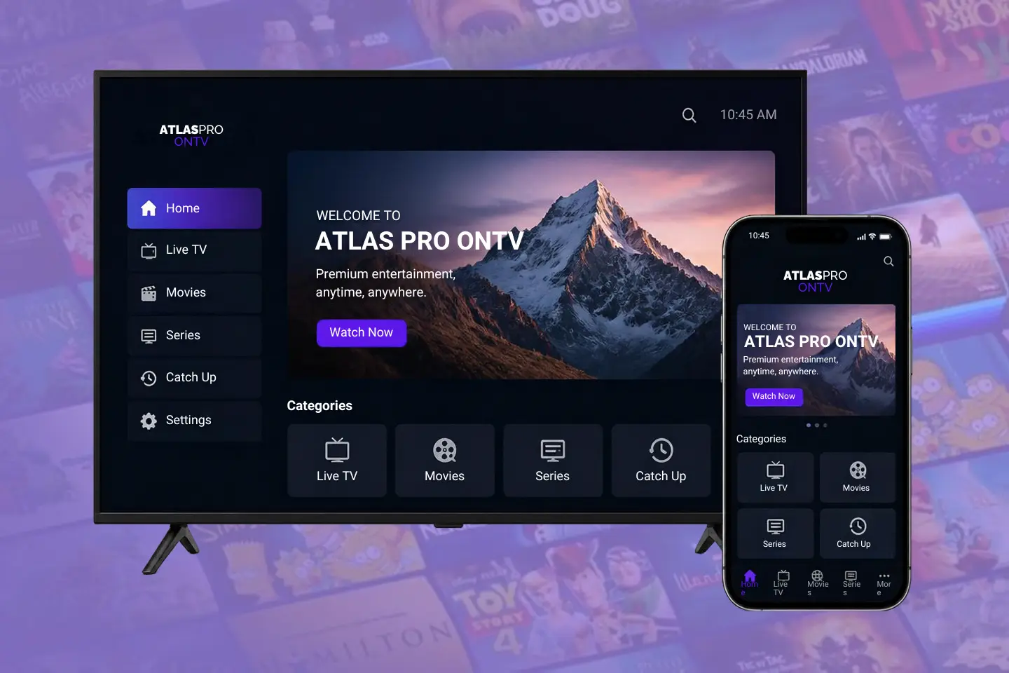 Atlas Pro 12 mois 1 appareil : l'application Atlas Pro ONTV ouverte sur une TV et un smartphone